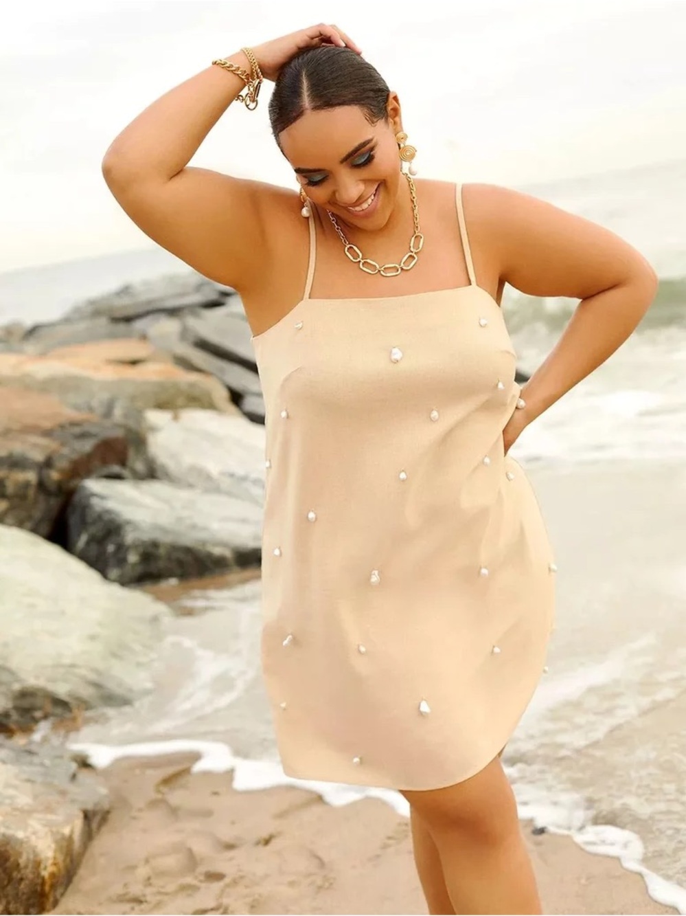 Eloquii Linen Pearl-Embellished Mini Dress Size 24 Tan Beige